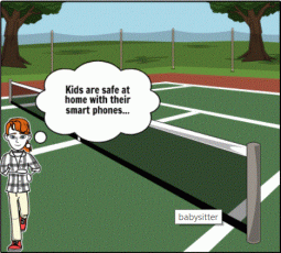 Mom playing tennis while kids on screens